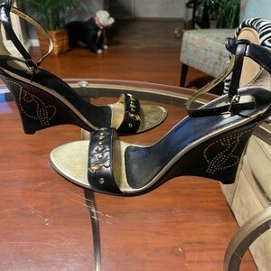 Baby Phat Black and Gold Studded Wedge Sandals